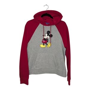 Disney Mickey Mouse Hoodie XL Gray Red Fleece Pullover Sweatshirt